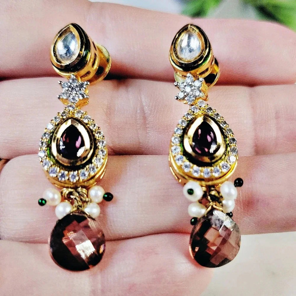 Statement Cocktail Earrings Dangle Drop Pierced Purple Green Delicate Pe… - Picture 12 of 12